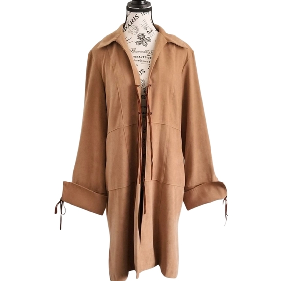 90s tan boho chic cardigan with leather lace details - Picture 1 of 4